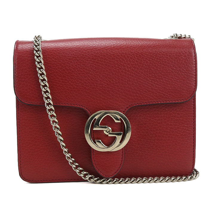 GUCCI インターロッキングG レザー チェーンショルダーバッグ - レッド