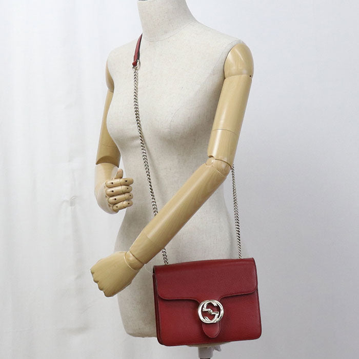 GUCCI インターロッキングG レザー チェーンショルダーバッグ - レッド