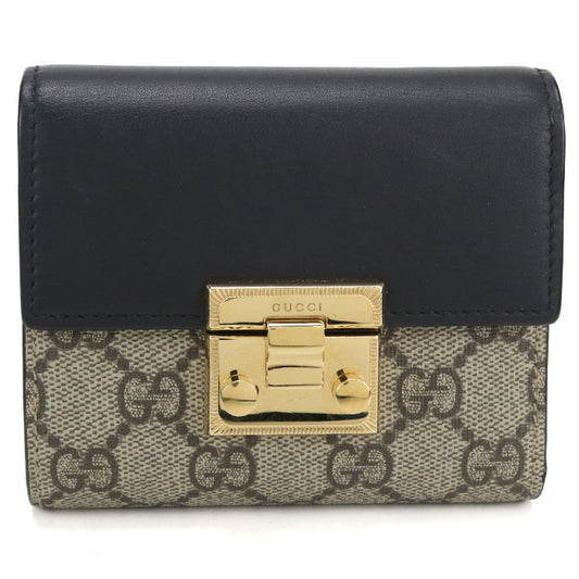 GUCCI パドロック GGスプリーム キャンバス 三つ折り財布 コンパクトウォレット - ベージュ × ブラック