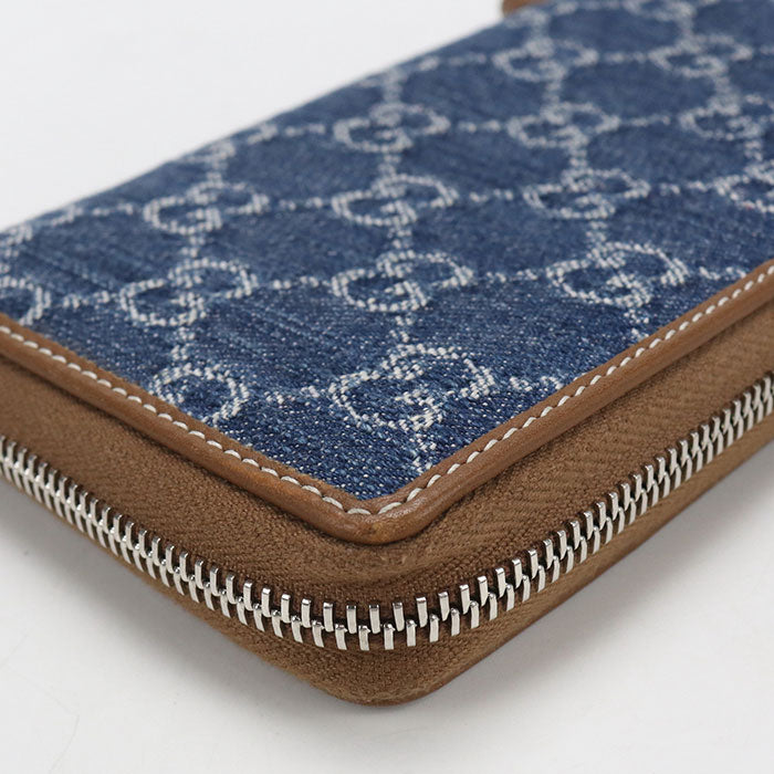 GUCCI GGエンブレム ラウンドファスナー デニム 長財布 ロングウォレット - ブルー