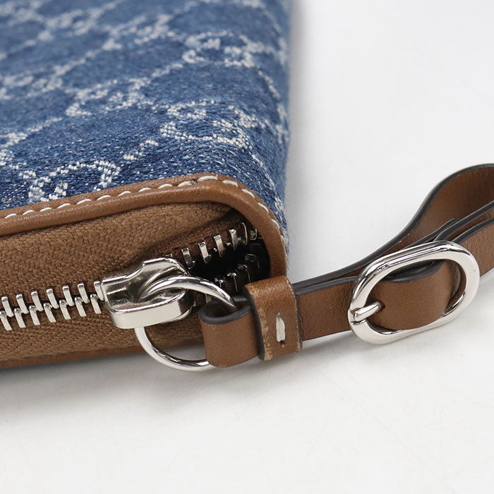 GUCCI GGエンブレム ラウンドファスナー デニム 長財布 ロングウォレット - ブルー