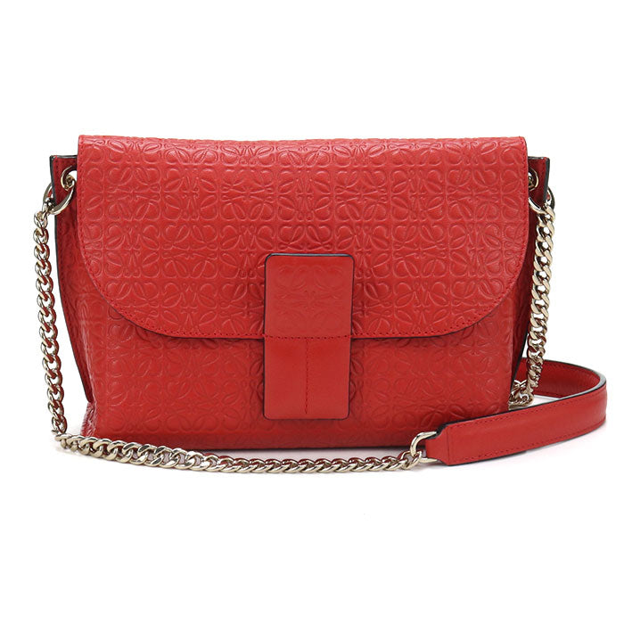 LOEWE アベニュー リピートアナグラム カーフレザー チェーンショルダーバッグ - レッド