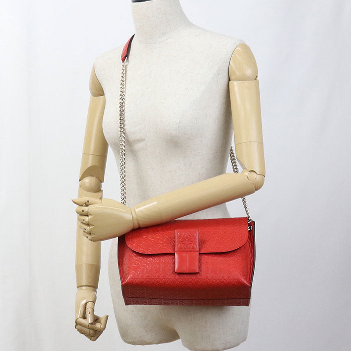 LOEWE アベニュー リピートアナグラム カーフレザー チェーンショルダーバッグ - レッド