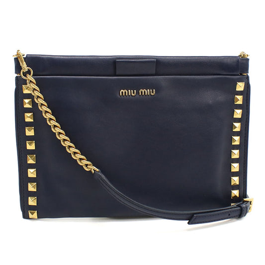 MIUMIU Studded Calfskin Clutch Bag with Chain Shoulder Bag - Navy