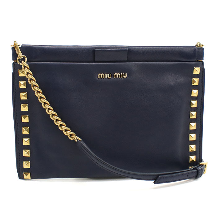 MIUMIU Studded Calfskin Clutch Bag with Chain Shoulder Bag - Navy