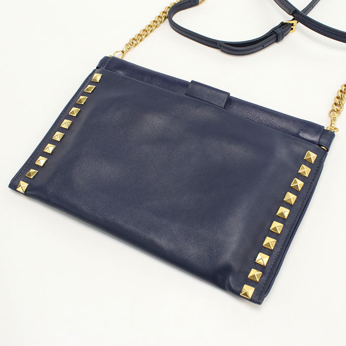 MIUMIU Studded Calfskin Clutch Bag with Chain Shoulder Bag - Navy