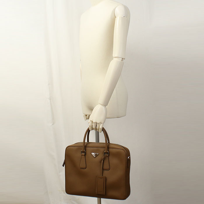 PRADA Briefcase Saffiano Leather Handbag Shoulder Bag - Brown