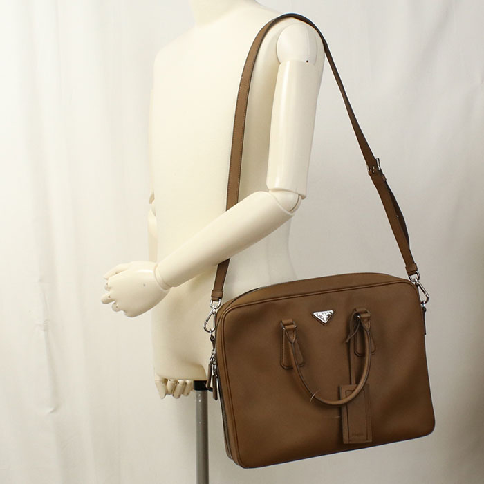 PRADA Briefcase Saffiano Leather Handbag Shoulder Bag - Brown