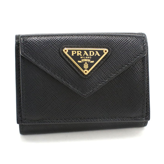 PRADA Saffiano Triangle Calfskin Tri-fold Compact Wallet - Black