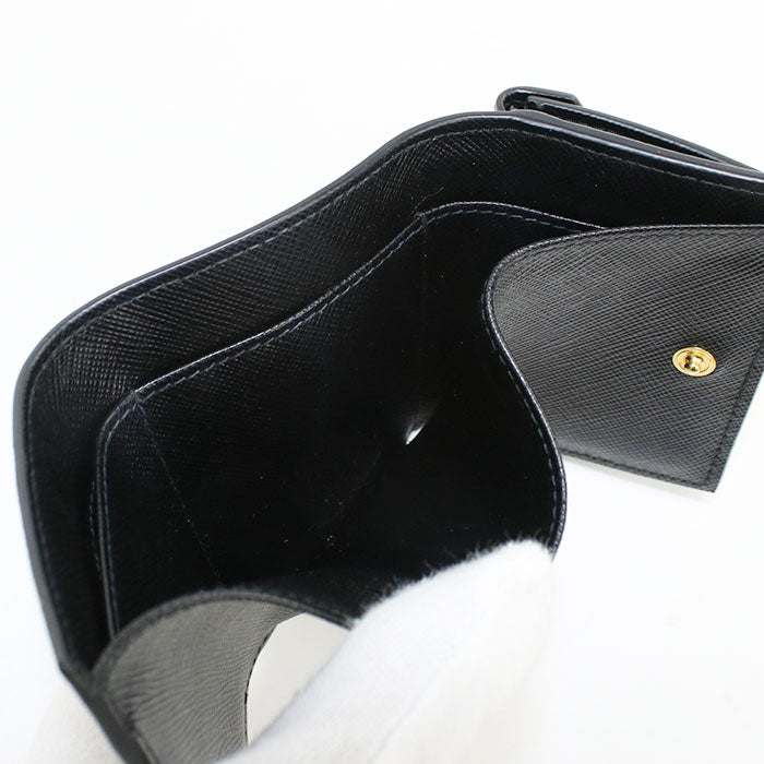 PRADA Saffiano Triangle Calfskin Tri-fold Compact Wallet - Black