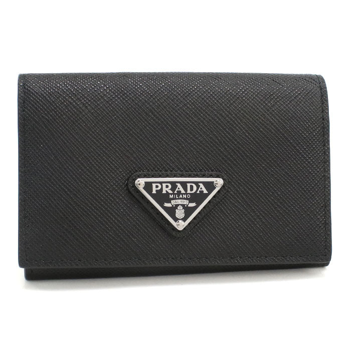 PRADA Saffiano Triangle Leather Card Case - Black