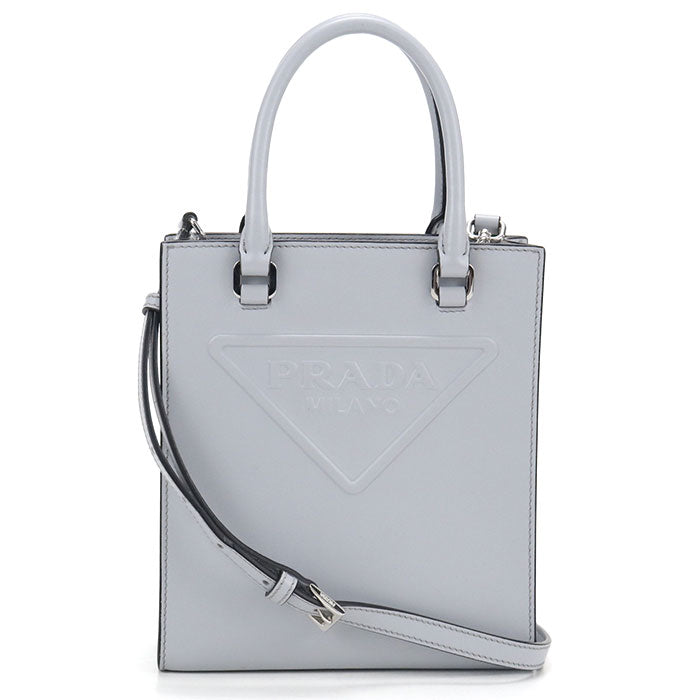PRADA エンボス トライアングルロゴ カーフスキン ハンドバッグ ショルダーバッグ - ブルー