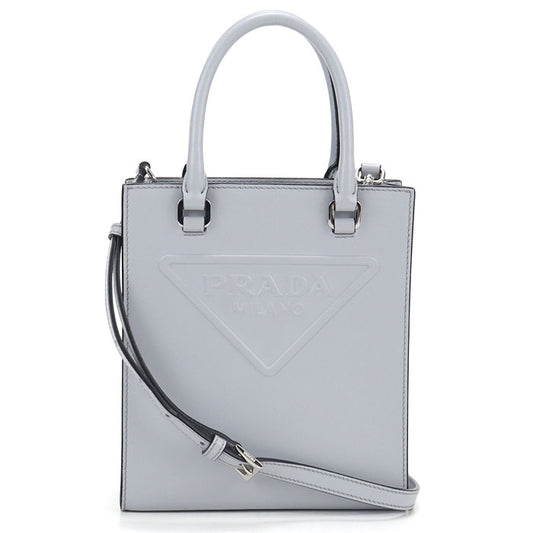 PRADA エンボス トライアングルロゴ カーフスキン ハンドバッグ ショルダーバッグ - ブルー