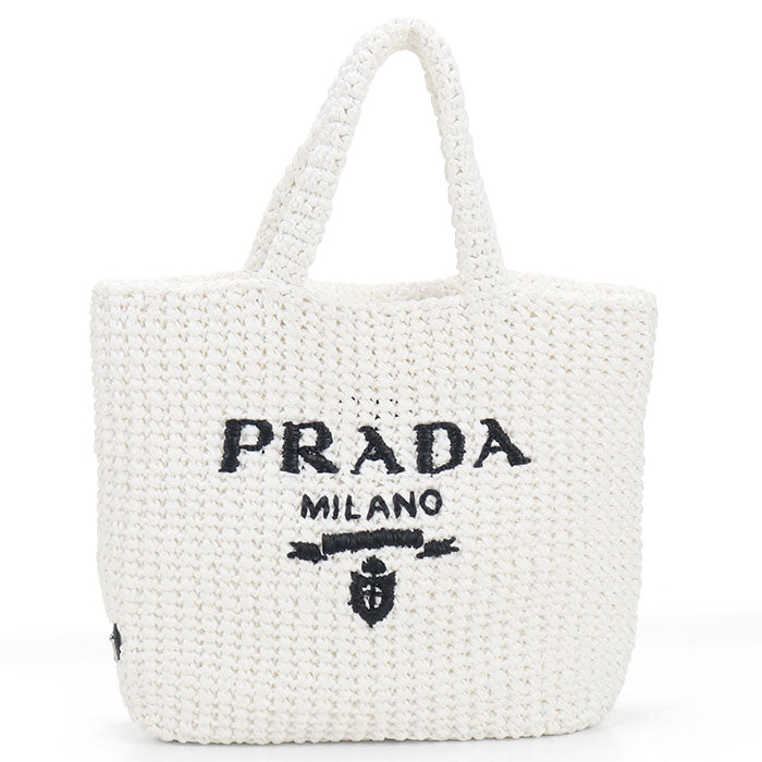 PRADA Crochet Small Raffia Tote Bag - White