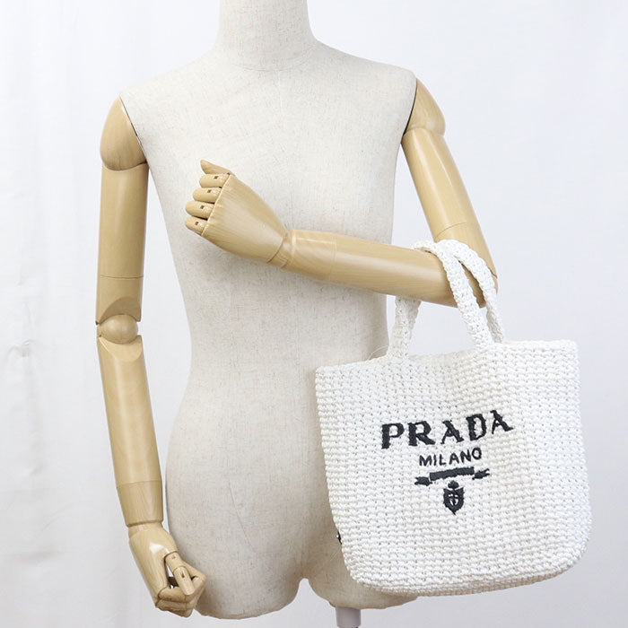 PRADA Crochet Small Raffia Tote Bag - White