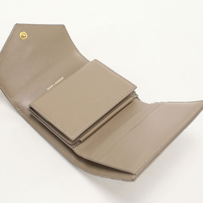 SAINT LAURENT Cassandra Matelasse Lambskin Tri-Fold Compact Wallet - Beige