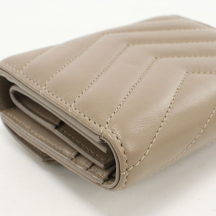 SAINT LAURENT Cassandra Matelasse Lambskin Tri-Fold Compact Wallet - Beige