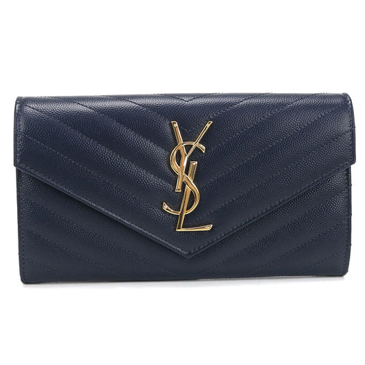 Saint Laurent Cassandra Large Flap Wallet Caviar Leather Bifold Long Wallet - Navy