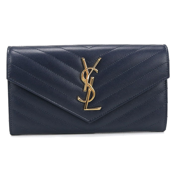 Saint Laurent カサンドラ ラージ フラップウォレット キャビアスキン 二つ折り長財布 ロングウォレット - ネイビー