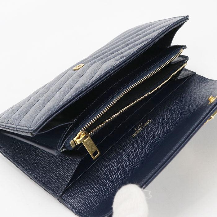 Saint Laurent カサンドラ ラージ フラップウォレット キャビアスキン 二つ折り長財布 ロングウォレット - ネイビー