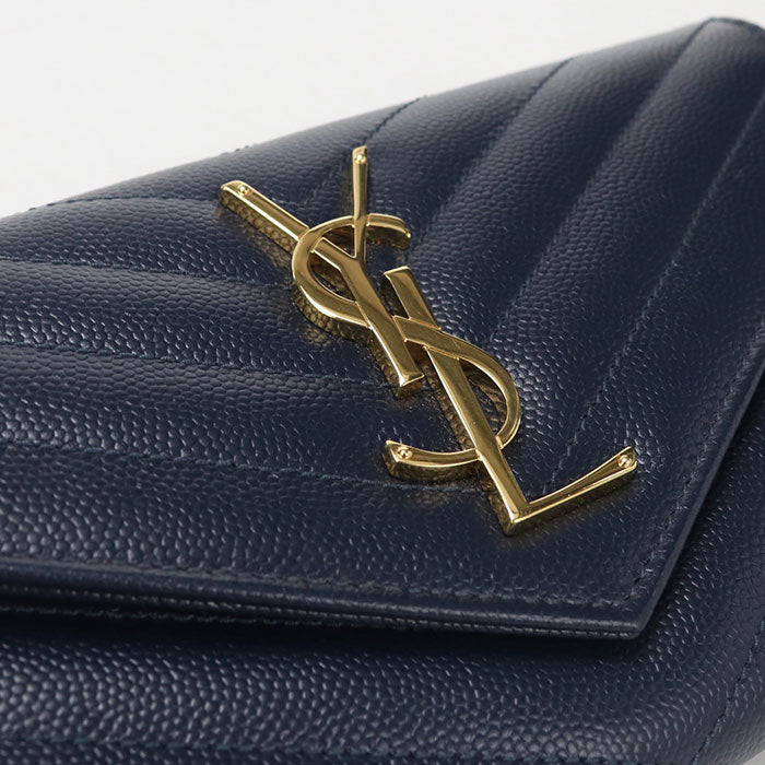 Saint Laurent カサンドラ ラージ フラップウォレット キャビアスキン 二つ折り長財布 ロングウォレット - ネイビー