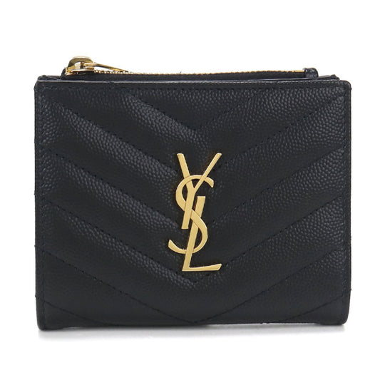 Saint Laurent Cassandra Monogram Caviar Leather Bi-Fold Compact Wallet - Black