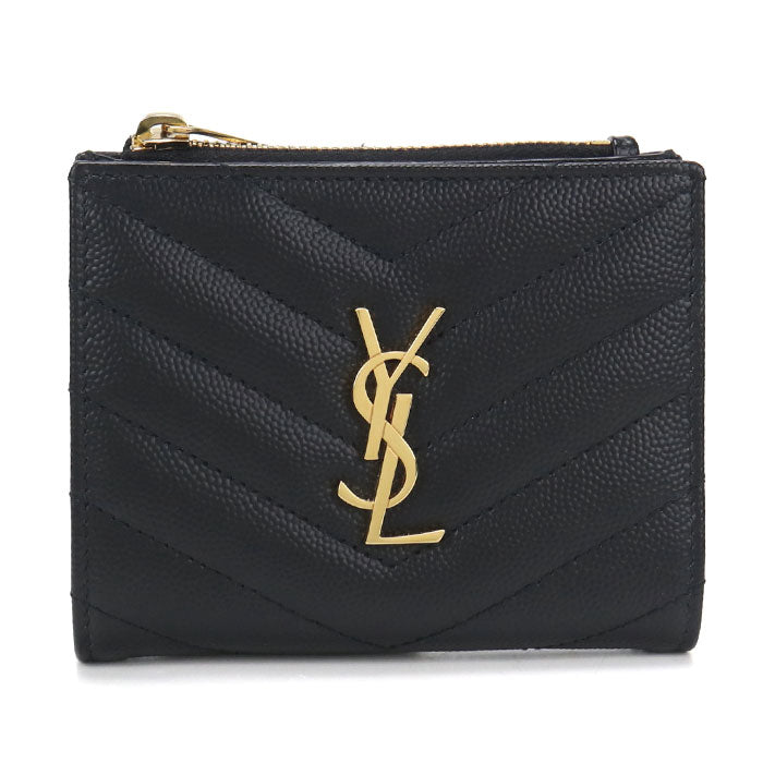 Saint Laurent カサンドラ モノグラム キャビアスキン 二つ折り財布 コンパクトウォレット - ブラック