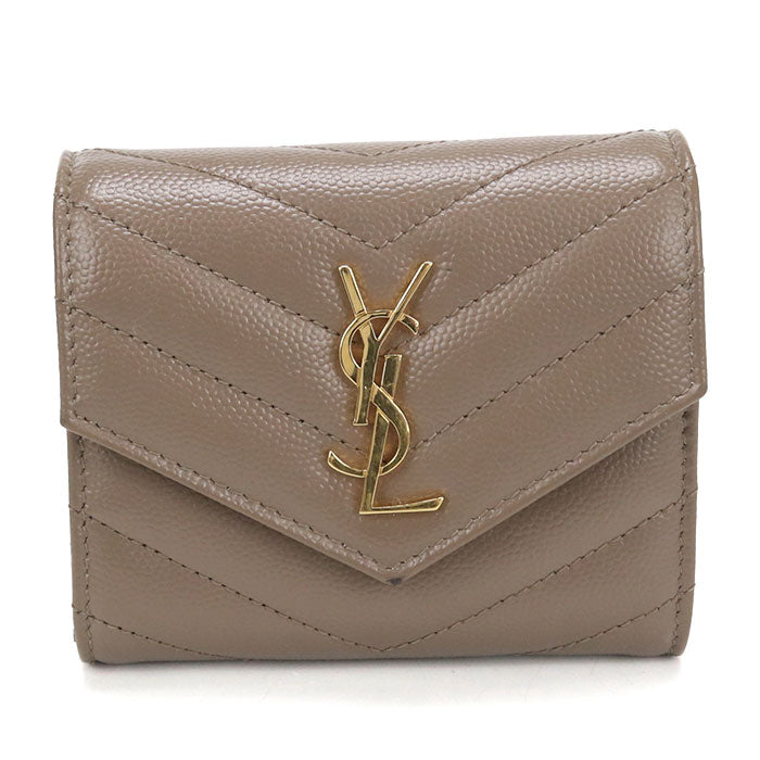 Saint Laurent カサンドラ マトラッセ キャビアスキン 三つ折り財布 コンパクトウォレット - ブラウン