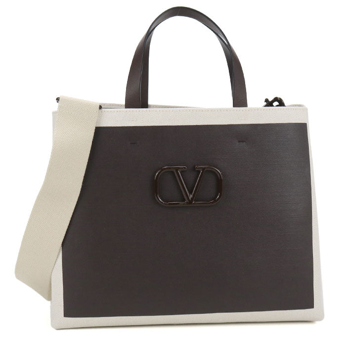 Valentino V Logo Signature Shopping Bag Canvas Tote Bag Shoulder Bag - Brown and White