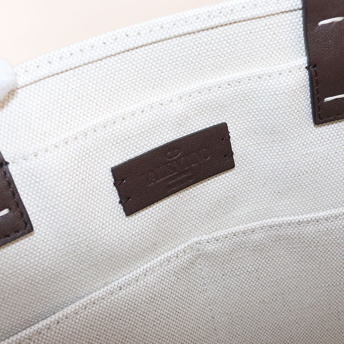 Valentino V Logo Signature Shopping Bag Canvas Tote Bag Shoulder Bag - Brown and White