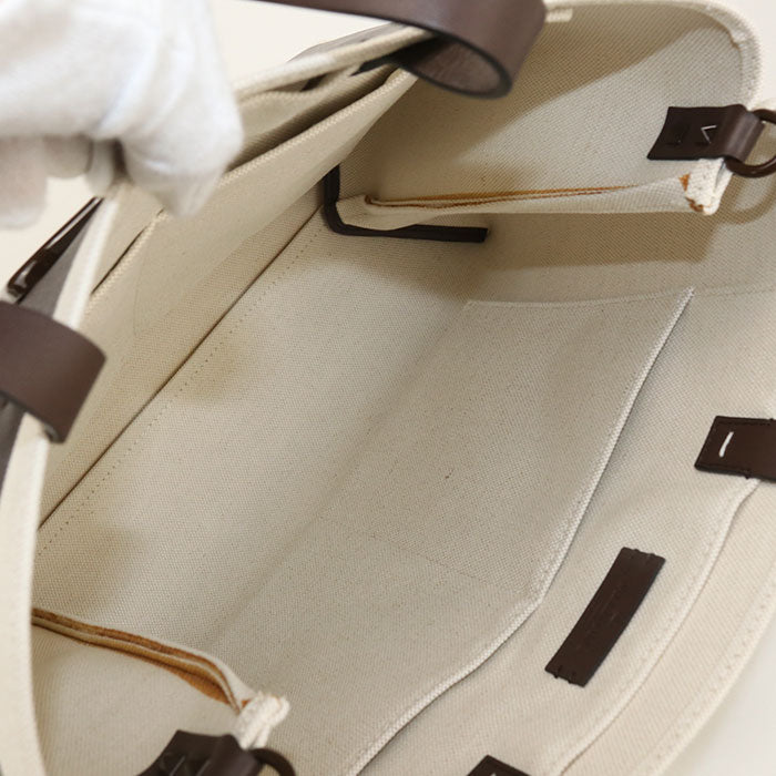 Valentino V Logo Signature Shopping Bag Canvas Tote Bag Shoulder Bag - Brown and White