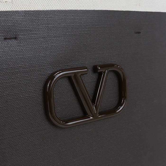 Valentino V Logo Signature Shopping Bag Canvas Tote Bag Shoulder Bag - Brown and White