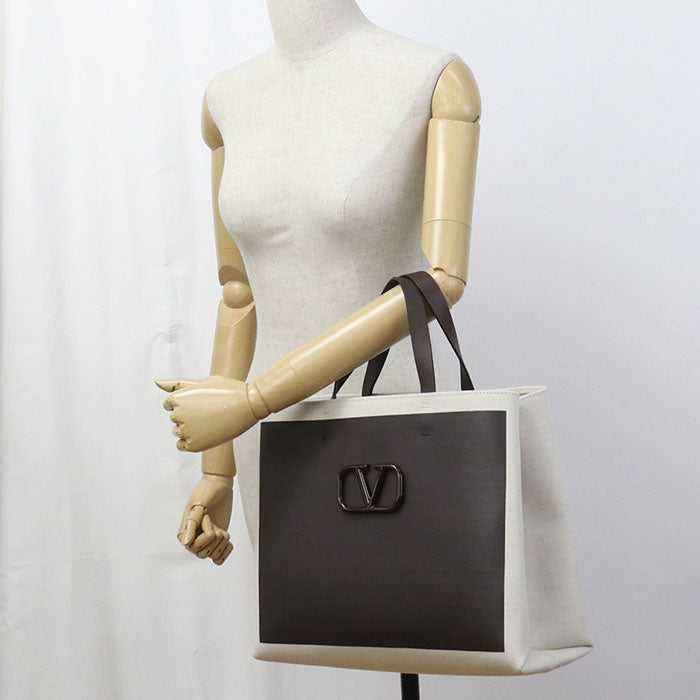 Valentino V Logo Signature Shopping Bag Canvas Tote Bag Shoulder Bag - Brown and White